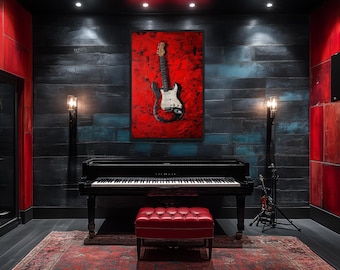 Red Electric Guitar Wall Art - Bold Music Studio Decor, Rock And Roll Themed Canvas Print, Vibrant Abstract Guitar Painting Ready To Hang