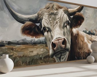 Curious Cow Wall Art, Cow On The Farm Painting Canvas PRINT, Farmhouse Chic Rustic Living Room Wall Art - Framed Ready To Hang