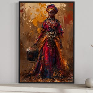 Beautiful African Woman In Traditional Clothes and Bucket Painting Canvas PRINT, African Woman Wall Art Framed Ready To Hang