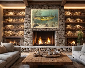 Lodge Decor Cabin Wall Art, Lake House Wall Decor Northern Pike Retro Painting Canvas, Fish Art Print - Fisherman Gift,  Ready To Hang