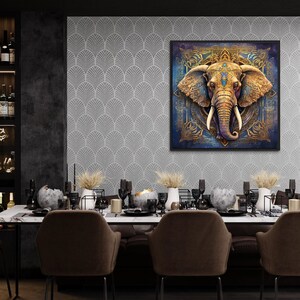 a dining room with a long table set for a meal, surrounded by four chairs. A large, ornate elephant head painting is displayed on the wall above the table. The room has a modern and sophisticated design, with a mix of black and white elements, including a patterned wallpaper and a black shelving unit.