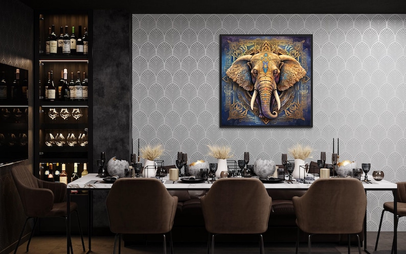 a dining room with a long table set for a meal, surrounded by four chairs. A large, ornate elephant head painting is displayed on the wall above the table. The room has a modern and sophisticated design, with a mix of black and white elements, including a patterned wallpaper and a black shelving unit.