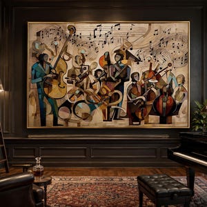 May include: A large rectangular wall art piece featuring a stylized jazz band with multiple musicians playing instruments like a double bass and piano, accented by floating musical notes in shades of brown, blue, and gold in a thin frame.
