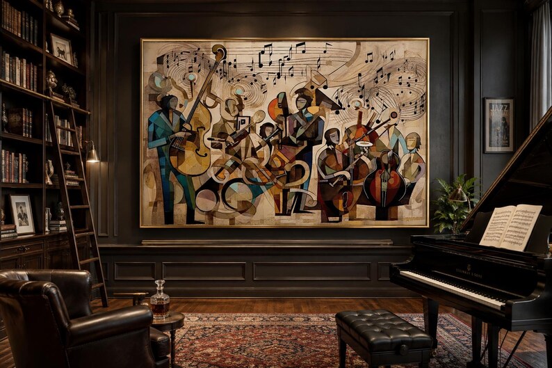 May include: A large rectangular wall art piece featuring a stylized jazz band with multiple musicians playing instruments like a double bass and piano, accented by floating musical notes in shades of brown, blue, and gold in a thin frame.
