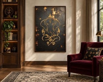 Minimalist Black Gold Ganesha Wall Art, Ganapati Abstract Painting Canvas PRINT, Indian Deity, Yoga Room Decor Framed  Ready To Hang