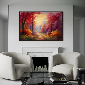 Fall Forest Wall Art, Sunrise In Autumn Painting Canvas PRINT, Colorful Vibrant Nature Landscape Living Room Decor Framed Ready To Hang