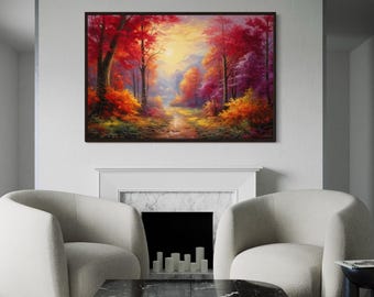 Fall Forest Wall Art, Sunrise In Autumn Painting Canvas PRINT, Colorful Vibrant Nature Landscape Living Room Decor Framed Ready To Hang