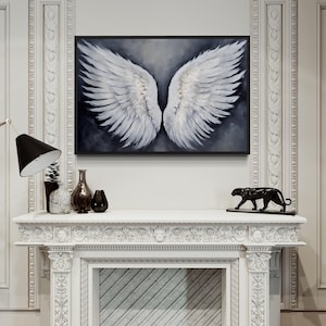 White Angel Wings On Grey Background Wall Art - Abstract Oil Painting Printed on Canvas - Christian Painting - Framed Ready To Hang