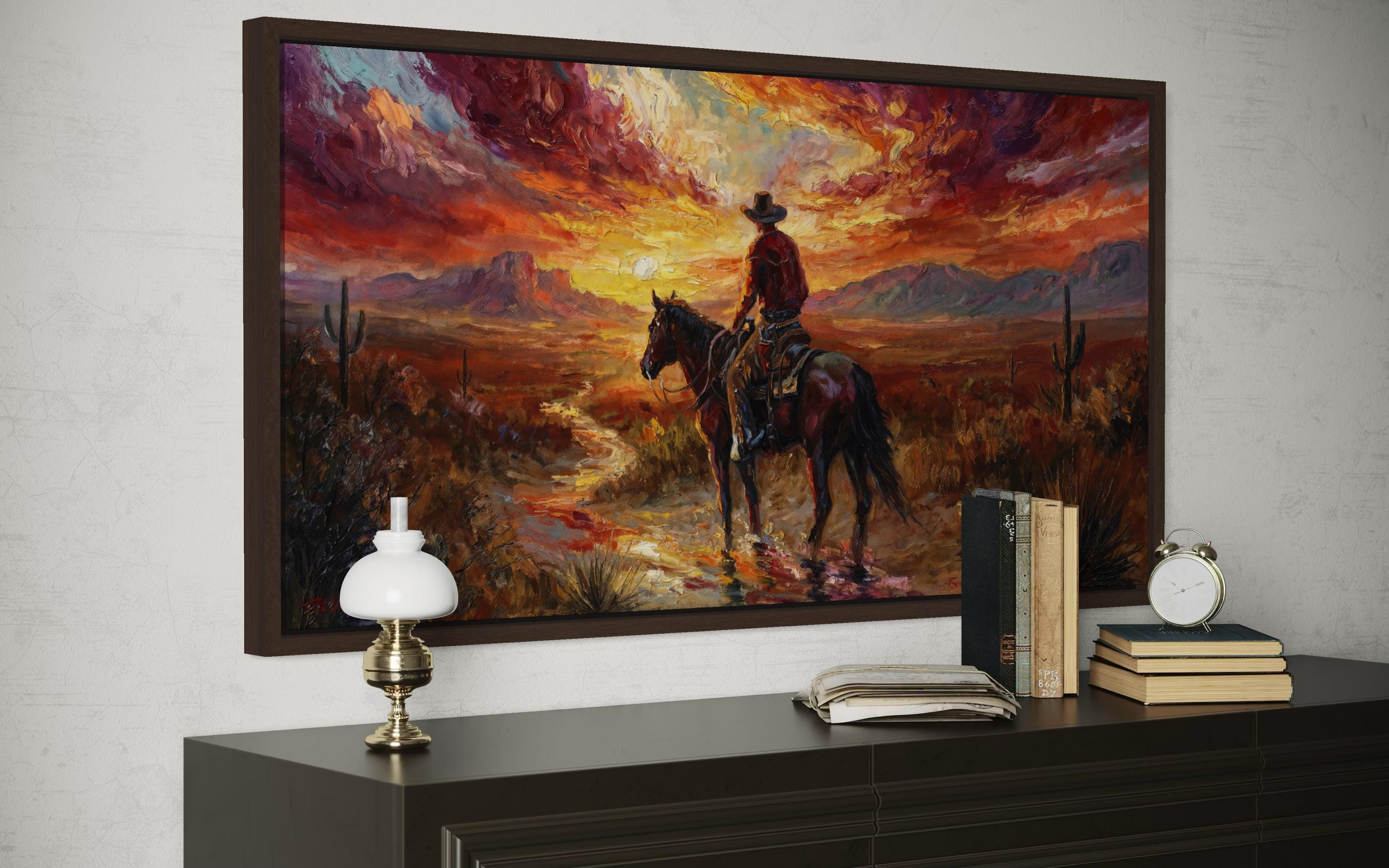 Cowboy on Horse Wall Art, Desert Sunset Canvas Print, Lone Rider ...