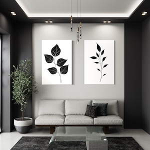 Set of 2 Minimalist Black White Botanical Wall Art, Black Leaves On White Background, Boho Wall Art, Framed Ready To Hang