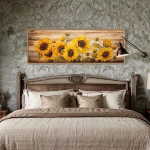 Rustic Sunflowers Painting on Wood Effect Long Horizontal Canvas Print - Rustic Panoramic Over Bed Wall Decor Framed Ready To Hang