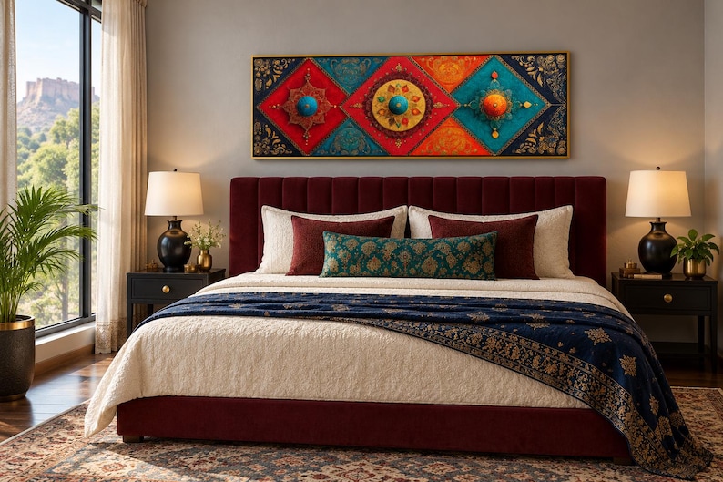 Puede incluir: Una pieza de arte mural rectangular con tres secciones en forma de diamante en vibrantes tonos rojo, naranja y azul cerceta, adornada con intrincados patrones dorados y medallones circulares centrales, enmarcada en un borde dorado sobre una cama.