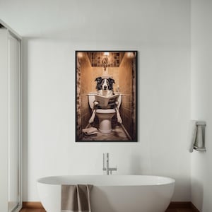 Border Collie Dog On The Toilet Reading Newspaper, Funny Bathroom Art, Toilet Humor Animal Print or Canvas Framed Unframed Ready To Hang
