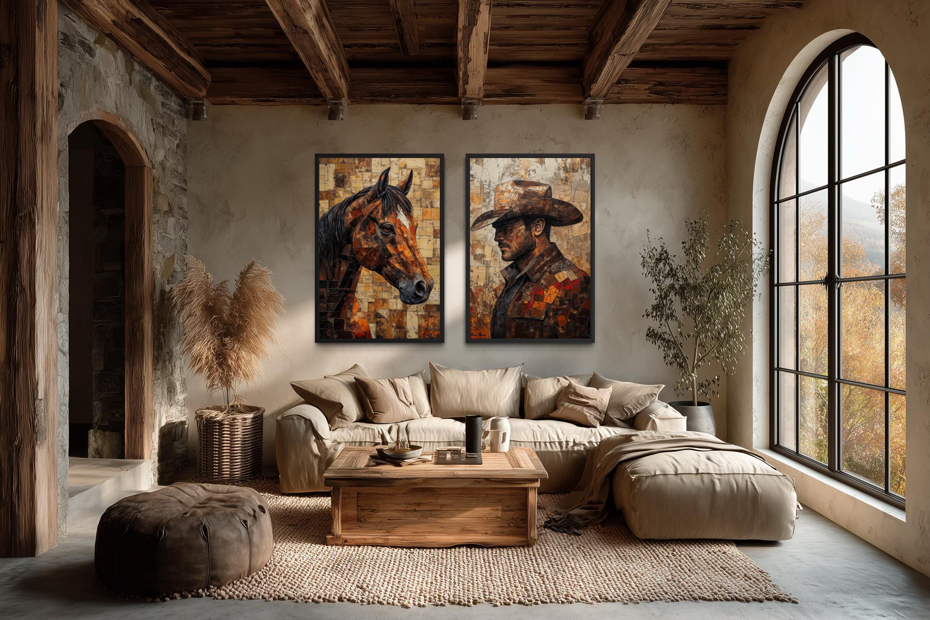 Cowboy and Horse Wall Art Set of 2, Western Canvas Print, Rustic Ranch ...
