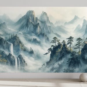a serene mountainous landscape with a waterfall cascading down the rocky terrain, surrounded by lush greenery and misty clouds.