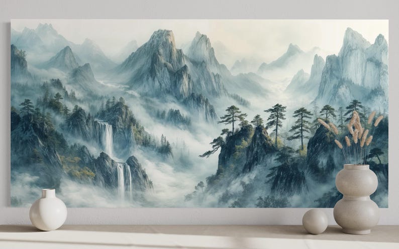 a serene mountainous landscape with a waterfall cascading down the rocky terrain, surrounded by lush greenery and misty clouds.