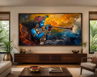 Colorful Krishna Playing Flute Large Horizontal Wall Art, Indian Wall Decor, Vibrant Krishna Painting Canvas Print Framed Ready To Hang