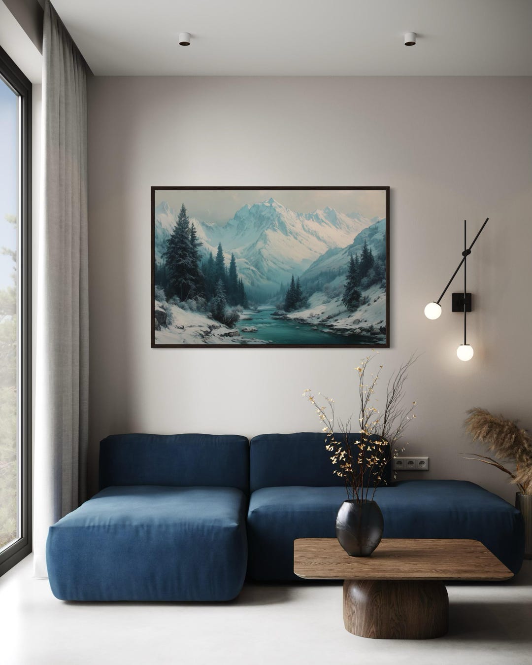 Snowy Mountain River Wall Art - Winter Landscape Painting Canvas Print ...
