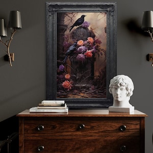 Gothic Halloween Wall Art, Ravens on Tombstone With Purple Flowers Gothic Painting Canvas PRINT, Dark Academia Art, Framed Ready To Hang