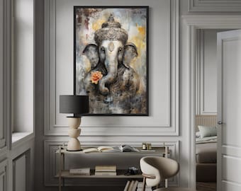 Lord Ganesha Wall Art, Ganapati Abstract Painting Extra Large Canvas PRINT, Indian Deity Wall Art Framed Or Unframed Ready To Hang