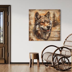 Wolf Portrait on Distressed Wood Painting Canvas PRINT, Lodge or Cabin Decor, Rustic Wildlife Wolf Wall Art, Framed  Ready To Hang