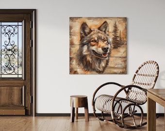 Wolf Portrait on Distressed Wood Painting Canvas PRINT, Lodge or Cabin Decor, Rustic Wildlife Wolf Wall Art, Framed  Ready To Hang