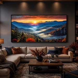Great Smokey Mountains Sunset Photo Style Painting Canvas PRINT, Extra Large Office Wall Art, Living Room Landscape Wall Art, Ready To Hang