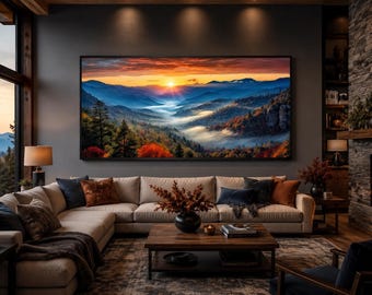 Great Smokey Mountains Sunset Photo Style Painting Canvas PRINT, Extra Large Office Wall Art, Living Room Landscape Wall Art, Ready To Hang
