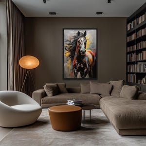 a modern living room with a large window overlooking trees, a white sofa, a round coffee table, and a large painting of a horse on the wall.