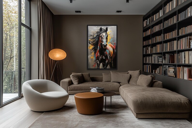 a modern living room with a large window overlooking trees, a white sofa, a round coffee table, and a large painting of a horse on the wall.