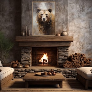 Grizzly Bear Portrait Painting Canvas PRINT, Neutral Beige Gray Bear Wall Art, Cabin Lodge Wall Decor, Framed Unframed Ready to Hang