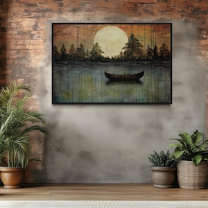 Great Outdoors Nature Lake Moon Boat Painting Canvas Print - Unique Rustic  Wall Art - Lake House, Cabin Wall Decor Framed Ready To Hang