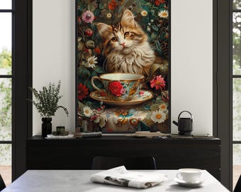 Cute Kitten With Teacup Painting Canvas PRINT, Cats Wall Art, Kitchen Wall Decor Framed Ready To Hang