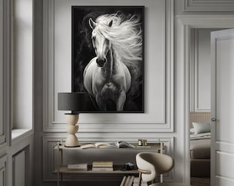 Black And White Horse Wall Art, Majestic Stallion Portrait Canvas Print For Living Room, Elegant Horse Painting, Framed Ready To Hang