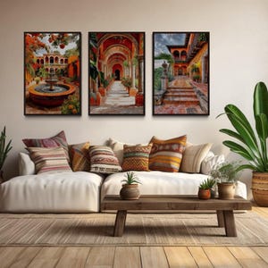 Set Of Three Mexican Wall Art, Mexican Hacienda Painting Canvas PRINT, Colorful Colonial Architecture Wall Decor Ready To Hang