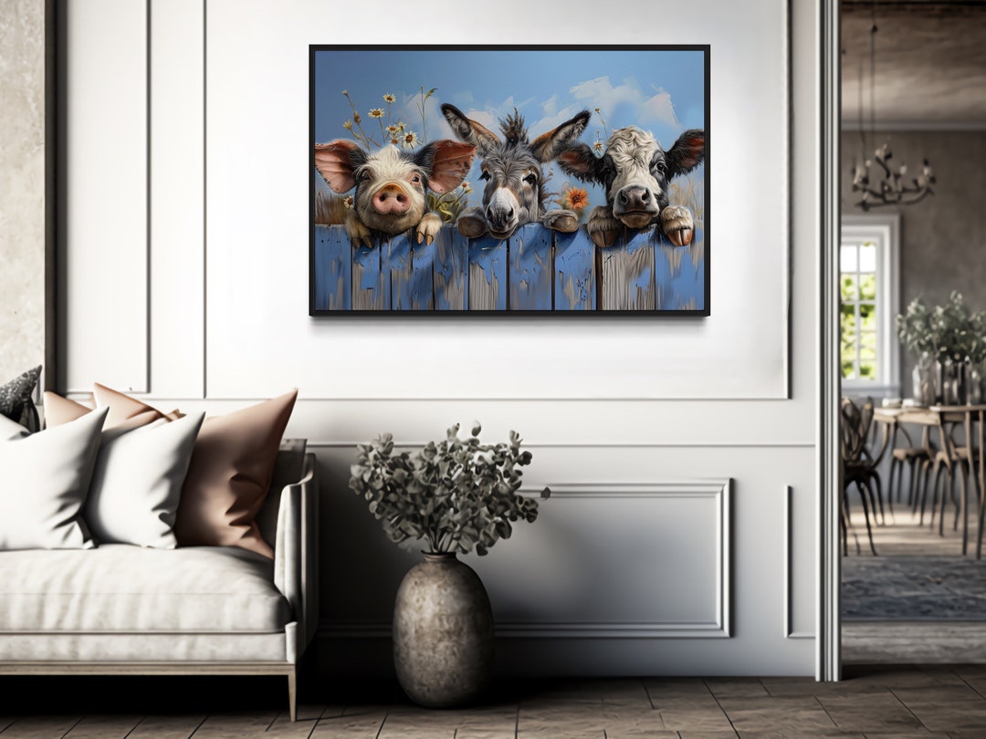 Cute Farm Animals Wall Art, Donkey, Pig and Baby Cow Looking Over Fence ...