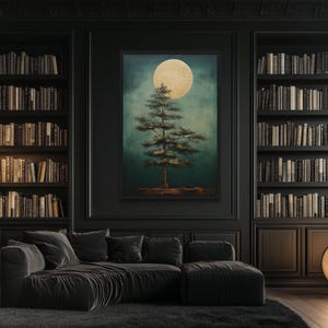 a cozy living room with a large bookshelf filled with books, a comfortable black sofa, and a large painting of a tree with a full moon in the background.