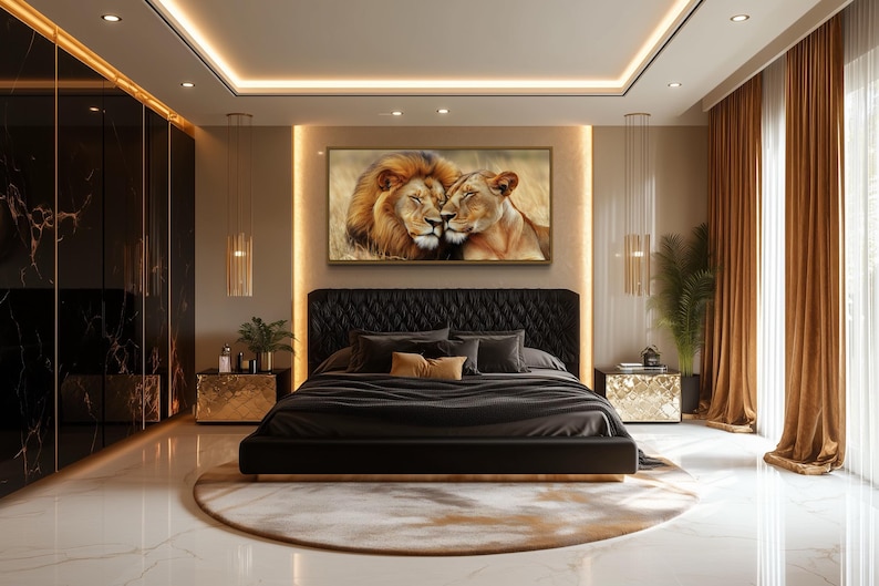 Lion and Lioness Wall Art, Photo Style Romantic Painting Canvas Print ...