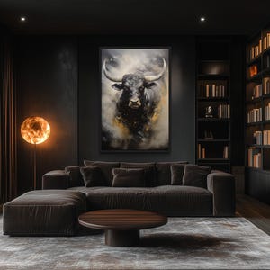 Black Bull Wall Art, Ox Abstract Painting Extra Large Canvas PRINT, Framed Or Unframed Ready To Hang