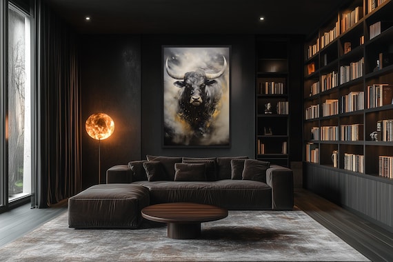 Black Bull Wall Art, Ox Abstract Painting Extra Large Canvas PRINT, Framed Or Unframed Ready To Hang