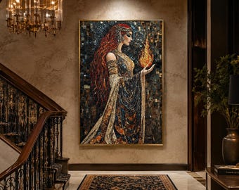 Brigid Celtic Goddess Wall Art - Brigid Holding Fire Mosaic Painting Canvas Print - Mythology Painting Framed Ready To Hang