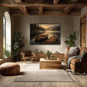 May include: A cozy living room with a large framed landscape painting of a boat on a lake. The room features a brown leather sofa, wooden furniture, and large arched windows. A brown ottoman and a neutral rug complete the scene.