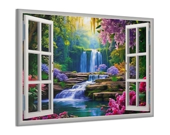 Window View Canvas Vibrant Garden And Waterfall View From Open Window Painting Nature Landscape Wall Art Print Ready To Hang