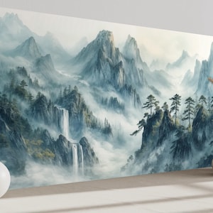 a serene landscape with a misty mountain range, lush greenery, and a waterfall cascading down the rocky terrain.