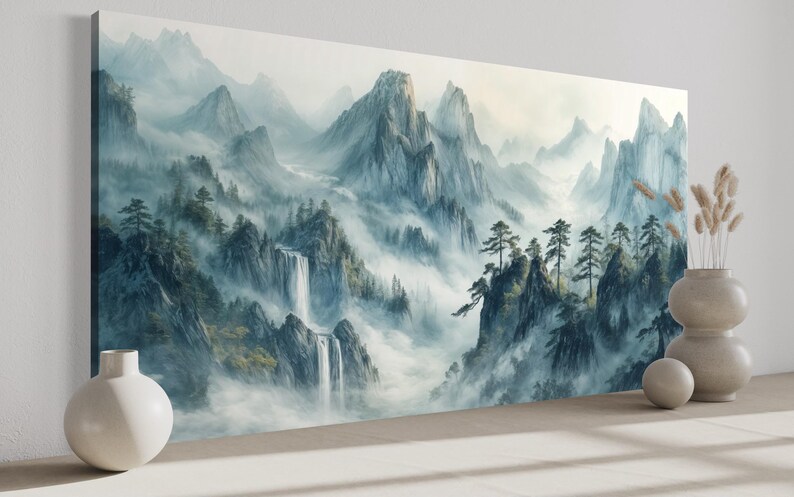 a serene landscape with a misty mountain range, lush greenery, and a waterfall cascading down the rocky terrain.
