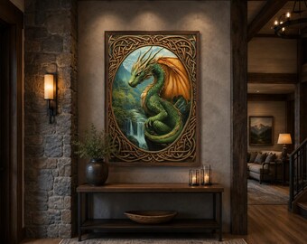 Celtic Dragon Wall Art, Green Celtic Mythology Dragon In Mountains Painting Canvas Print Framed Ready To Hang