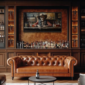 Skeleton Cowboy Barman At Western Saloon Wall Art, Wild West Canvas, Whiskey Bar Wall Decor, Art For Men Framed Ready To Hang