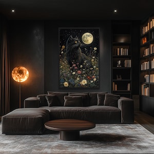 a modern living room with a large bookshelf filled with books, a comfortable sofa, and a round wooden coffee table. A large painting of a cat is hanging on the wall, and a large round light fixture is also present in the room.