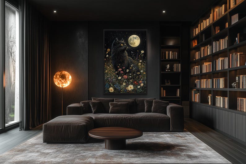 a modern living room with a large bookshelf filled with books, a comfortable sofa, and a round wooden coffee table. A large painting of a cat is hanging on the wall, and a large round light fixture is also present in the room.