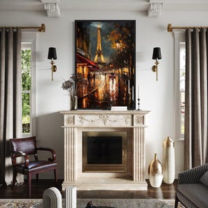 Paris Street And Eiffel Tower Wall Art, Romantic Oil Painting Style Canvas Print Framed Ready To Hang